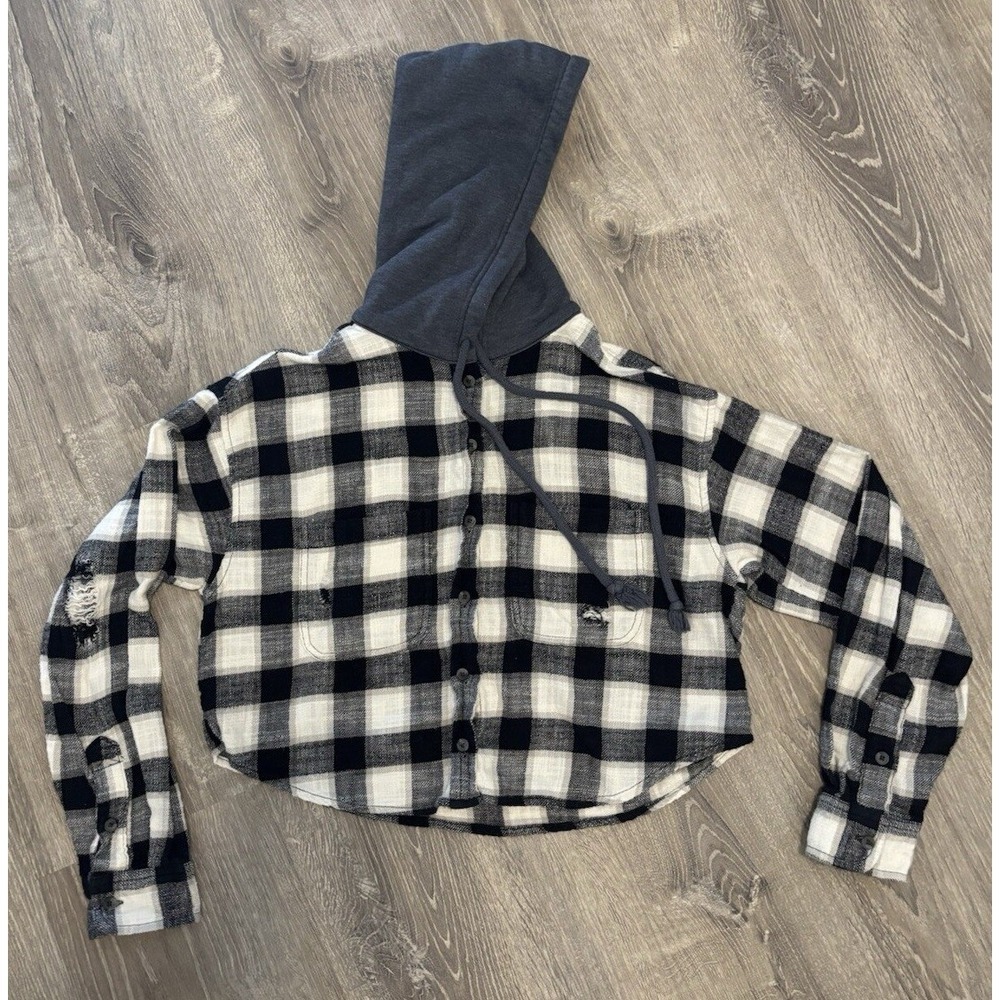 American Eagle Cropped Flannel Hoodie Black White Buffalo Plaid Distressed XS